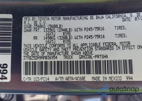 2022 Toyota Tacoma Sr5 V6 z USA, uszkodzony, nr VIN 3TMBZ5DN9NM036954